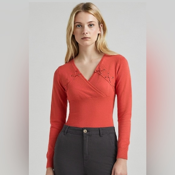 VENUS Rust Lace-Up V-Neck Blouse - Picture 1 of 6